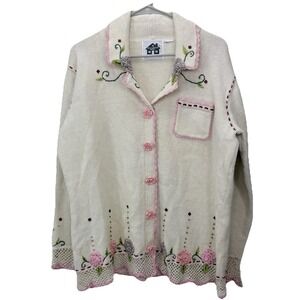 Vintage Storybook Knits Romantic Flowers Crochet Cottagecore Cardigan MEDIUM